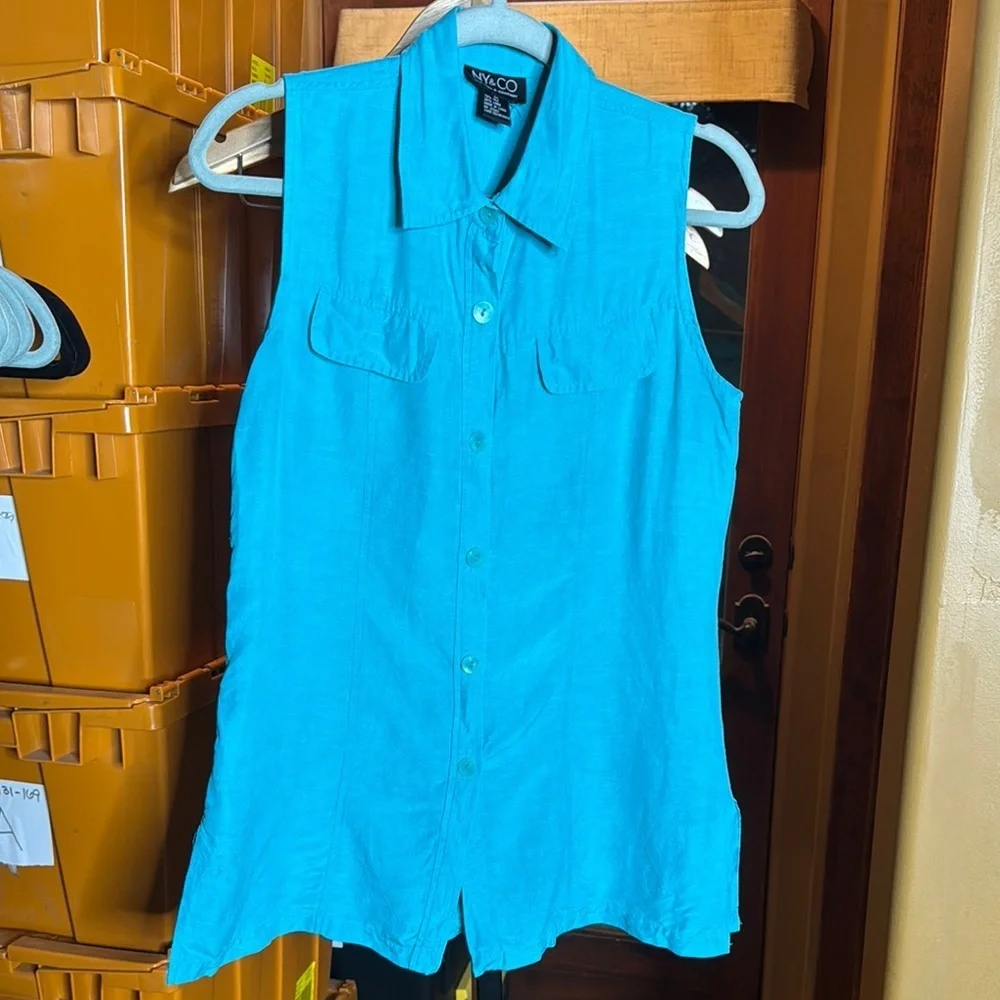 New York & Company Silk Linen Teal Sleeveless Button Down Top Size Medium